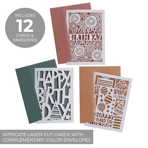 Masterpiece Laser Cut Happy Birthday Cards / 12 Birthday Celebration Cards With Complementary Colored Envelopes / 5" x 7" Folded Boxed Greeting Card Set With Insides Verse / 3 Modern Designs - color: Laser Cut