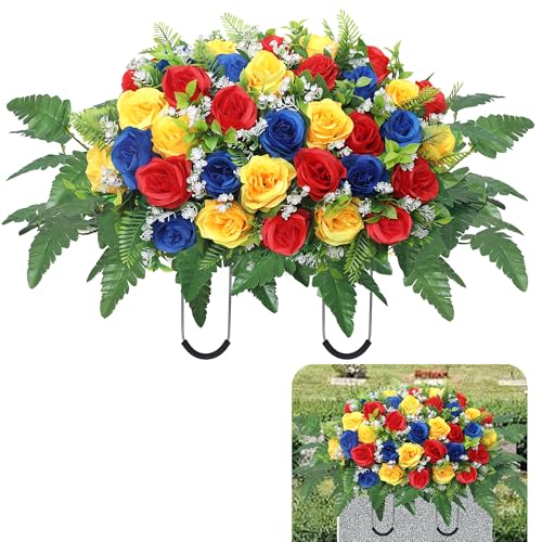 Cemetery Headstone Flower Saddle,Artificial Cemetery Flower Saddles for Graves,Artificial Rose Cemetery Memorial Flowers for Outdoor Tombstone Headstone Decorations (Colour) - color: Colour