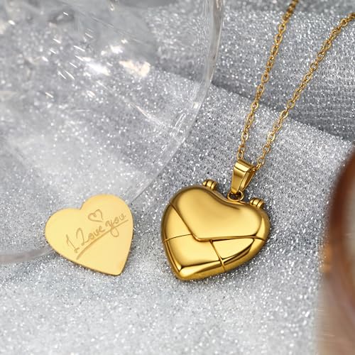 Gold Locket Necklace for Women Vintage, Heart Star Moon Butterfly Angel Holds Picture Photo Oval Locket Pendant Memorial Necklace Personalized Celestial Jewelry Birthday Gifts - style: Heart Envelope