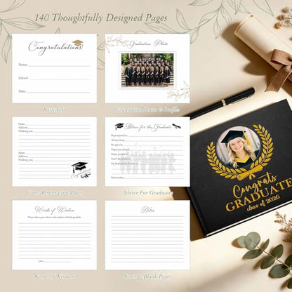 Lanpn Graduation Guest Book Class of 2026 with Pen & Table Sign, Leather Graduation Guest Sign in Books, Graduates Signature Book, Keepsake Memory Books for College High School Grad Party, Black
