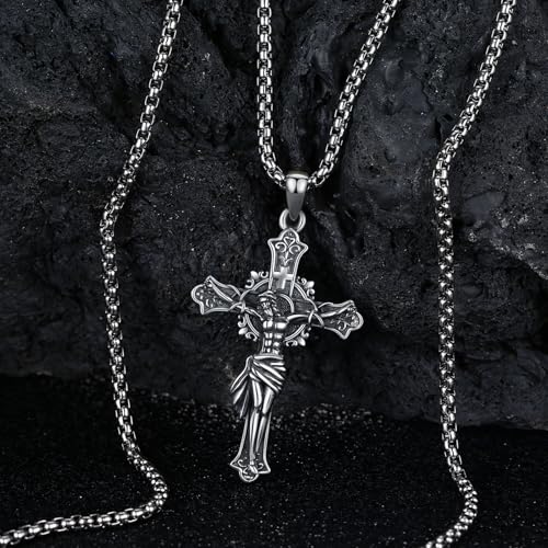 Crucifix Necklace for Men 925 Sterling Silver Jesus Cross Necklace Crucifix Cross Pendant Protection Jewelry for Men Women - style: A02-Hanging Cross-Vintage
