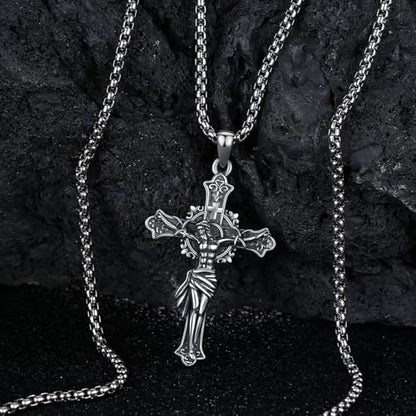 Crucifix Necklace for Men 925 Sterling Silver Jesus Cross Necklace Crucifix Cross Pendant Protection Jewelry for Men Women - style: A02-Hanging Cross-Vintage