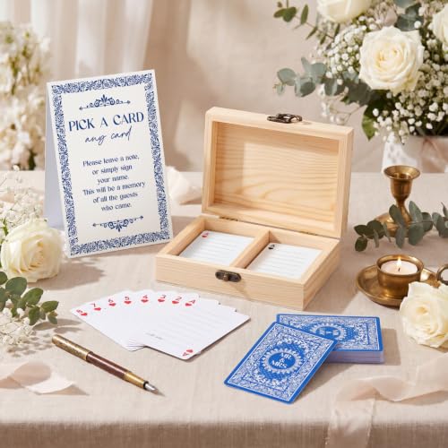 AceOrbit 57 Pack Blue Wedding Guest Book Playing Cards Set with Wooden Box - color: Blue, style: Classic