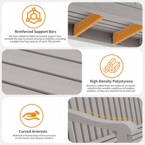 2-Person Outdoor Bench with 700 Lbs Weight Capacity, Grey | Poly Lumber Weatherproof Garden Bench Seating for Porch, Balcony and Park, All-Weather Patio Bench Furniture - color: Grey