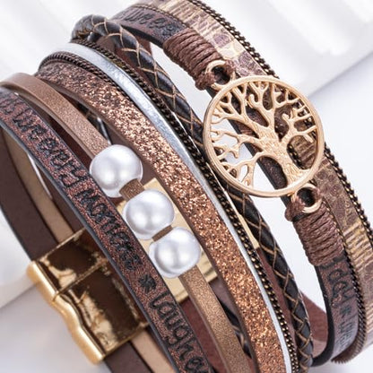 Tree of Life Inspirational Leather Wrap Bracelets Boho Western Cowgirl Cuff - color: Coffee