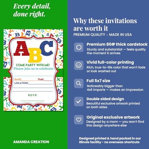 ABC Alphabet Letters and Learning Birthday Party Invitations, 20 5x7 Fill In Cards with Twenty White Envelopes by AmandaCreation - style: ABC Alphabet Letters