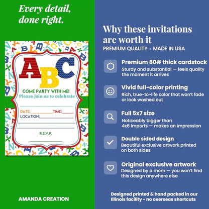 ABC Alphabet Letters and Learning Birthday Party Invitations, 20 5x7 Fill In Cards with Twenty White Envelopes by AmandaCreation - style: ABC Alphabet Letters