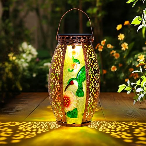 Larekook Hummingbird Solar Lantern Outdoor Waterproof,13" Large Hanging Lantern Decorative,Metal Hummingbird Solar Lights for Yard Table Porch Patio Garden Decor,Birthday Gifts for Women Mom - color: Hummingbird-C