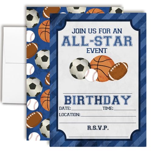 Blue All Star Sports-Themed Birthday Party Invitations for Boys, 20 5x7 Fill In Cards with Twenty White Envelopes by AmandaCreation - style: Blue All Star