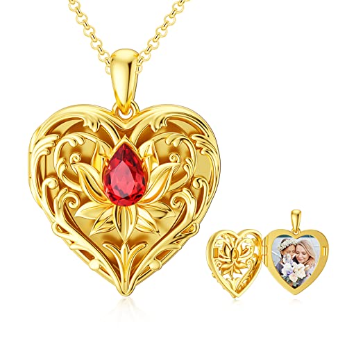 SOULMEET 10K 14K 18K Solid Gold Personalized Sunflower/Starburst/Cross/Rose/Lotus/Butterfly/Turtle/Celtic/Bee Heart Locket Necklace That Holds Picture Gift Choice - style: V1-Solid gold lotus locket+photo