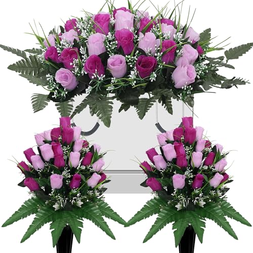 3Pack Artificial Cemetery flowers for grave,Headstone flower saddle Gravesite Decoration Roses Memorial Bouquets with Cemetery Vase for Cemetery Decorations Non-Fading Easy Fit (Purple) - color: Purple