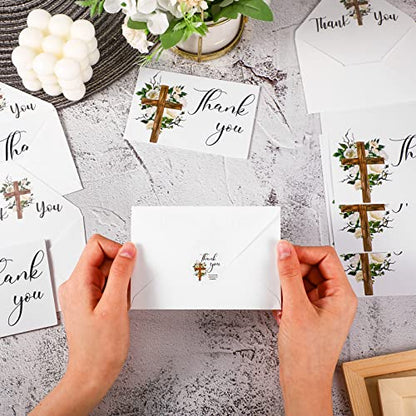 Spakon 50 Pack Funeral Thank You Cards with Envelopes and Stickers Bulk 4x6 Inch Sympathy Bereavement Thank You Cards with Message Floral Cross for Funeral Family, Celebration of Life(Cross)