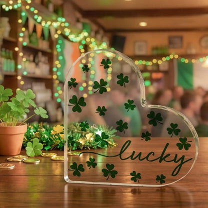 Smile St. Patrick's Day Acrylic Decor - Heart-Shaped Lucky Four-Leaf Clover Tabletop Sign - Irish Holiday Home Mantel Shelf Decoration Gift - style: Four Leaf