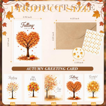 Eaasty 50 Pack Fall Greeting Cards with Envelopes, Stickers, Autumn Tree Design, 3.94 x 5.91 In, Blank Inside. Blank Inside Seasonal Cards for Thanksgiving, Thinking of You, Friends, Family, Coworkers - style: Autumn Style