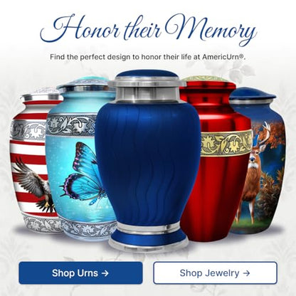 Family Tribute Set of Cremation Urn for Human Ashes Male & Female with 1 Large Urn, 1 Small Keepsake & 1 Silver & 1 Black Cross Necklace- Hotep Tropical Blue - color: Hotep Tropical Blue Set