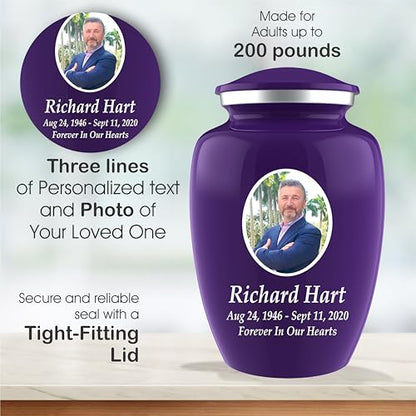 Personalized Photo Cremation Urns for Human Ashes Adult Male Female - 200lbs Custom Photo Burial Urns for Human Ashes - Engraved Handcrafted Funeral Decorative Urns for Adult with Velvet Bag, Purple