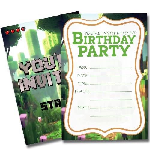 Pixel Games Birthday Invitations Jungle Party Cards with Envelopes - color: Green Pixel Games