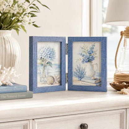 Collage Picture Photo Frames - 3.5x5, Triple Hinged 2 Desk Picture Frame, Wooden Desk Tabletop Family Photo Frame with Glass Opening, Decorative Folding Trifold Picture Frame Stand Vertical, Blue - style: Collage Blue 2-Fold,3×3.5"