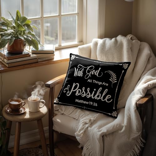 with God All Things are Possible Religious Scripture Black Bible Verses Everything is Possible with God Bibical Throw Pillow Covers 18x18 inch Inspirational Gifts，Christian Gifts - color: 04 Christian