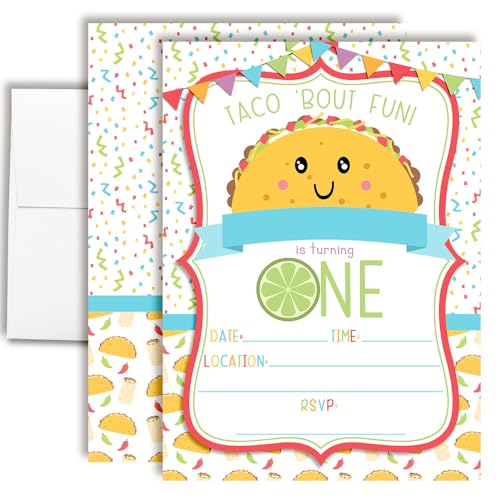 Taco 'Bout Fun Taco Themed First Birthday Fiesta Party Invitations, 20 5x7 Fill In Cards with Twenty White Envelopes by AmandaCreation - style: Taco 'Bout Fun Taco First Birthday