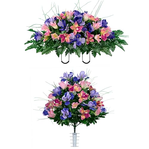 Artificial Cemetery Flowers - Grave Decoration - Cream Pink Tulips and Purple Iris (1) Headstone Saddle (1) Bouquet - color: Pink/Purple, size: (1) Saddle (1) Bouquet