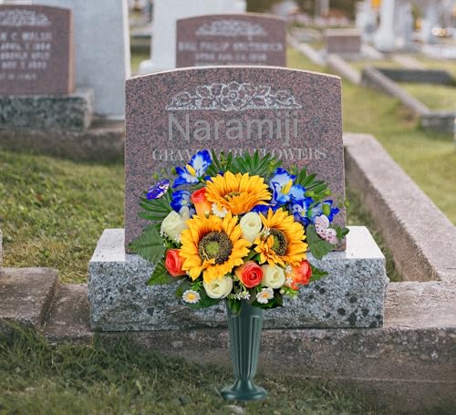 Artificial Cemetery Flowers for Grave Decorations: Sunflower, Rose, Cattleya Bouquet with Vase – Ideal for Sympathy & Memorial Tributes