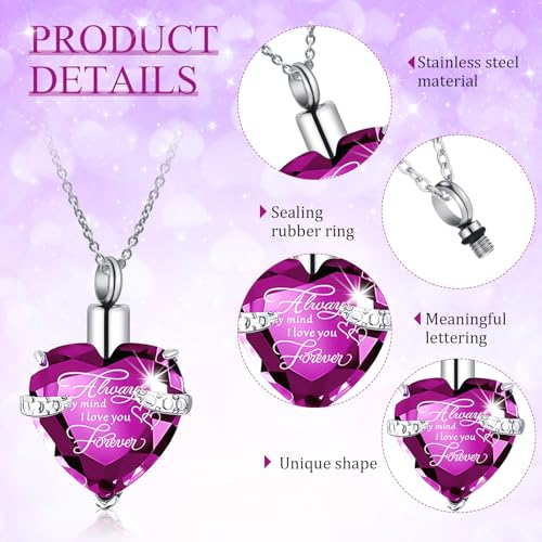 Huquary 16 Pcs Urn Necklace for Ashes Waterproof Stainless Steel Carved Ashes Locket with 8 Filling Kit Heart Cylinder Cross Cubic Fish Hook Jewelry for Ashes with Wing Diamond for Men Women - color: Purple