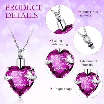 Huquary 16 Pcs Urn Necklace for Ashes Waterproof Stainless Steel Carved Ashes Locket with 8 Filling Kit Heart Cylinder Cross Cubic Fish Hook Jewelry for Ashes with Wing Diamond for Men Women - color: Purple