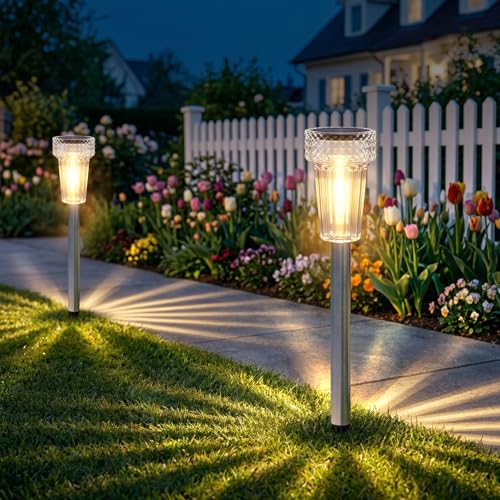 Mancra Solar Lights Outdoor Waterproof, 8 Pack Stainless Steel Tungsten Bulb Solar Pathway Lights Waterproof Garden Decor for Path Yard Lawn Walkway Driveway