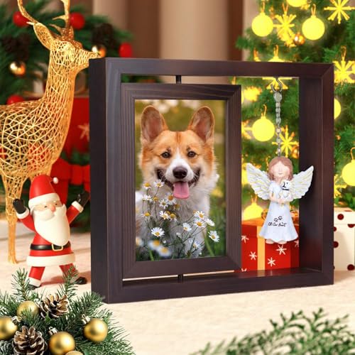 Rotating Wooden Picture Frame with Resin Angel for Loss of Dogs | Brown Loss of Dogs Cat Sympathy Gift, Holds 4x6 Photo, Pet Loss Remembrance Bereavement Keepsake, Dog Memorial Gifts - color: Brown