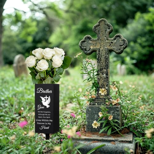 WEBEEDY Cemetery Vases Decorations for Grave Brother Metal Cemetery Flower Holder with Spike Pigeons Cross Forever in My Heart Grave Decor for Cemetery Funeral Father's Day Memorial Day,1 pc, 3x8Inch