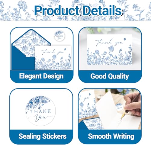 24 Pack Blue Floral Thank You Cards With Envelopes and Stickers, Blue Porcelain Flowers Thank You Cards for Summer Wedding Bridal, Baby Shower, Graduation Ceremony Birthday Greeting Letter - style: 24pcs - Celadon Flowers