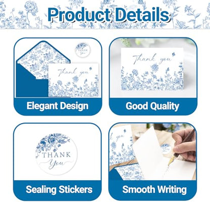 24 Pack Blue Floral Thank You Cards With Envelopes and Stickers, Blue Porcelain Flowers Thank You Cards for Summer Wedding Bridal, Baby Shower, Graduation Ceremony Birthday Greeting Letter - style: 24pcs - Celadon Flowers