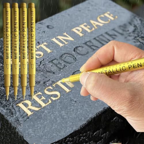 4Pcs Tombstone Marker Pens, Weatherproof Quick-Dry Oil-Based Fine Tip for Restoring Faded Inscriptions on Grave Stones and Granite Surfaces (golden) - color: golden