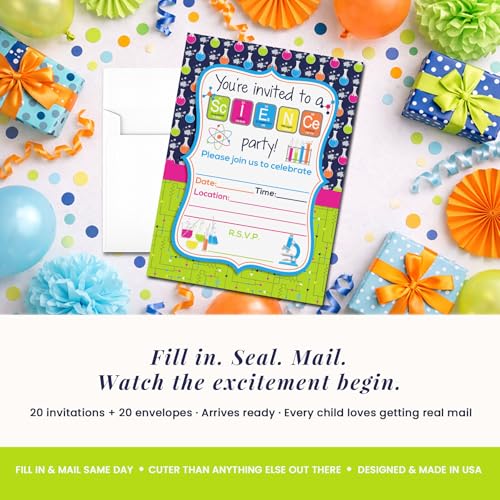 Mad Science Theme Kids Birthday Party 20 Invitations 5x7 Fill-In Cards with Envelopes, Experiment Fun Educational Lab Design for Children Celebration, Made in USA by Amanda Creation - style: Science