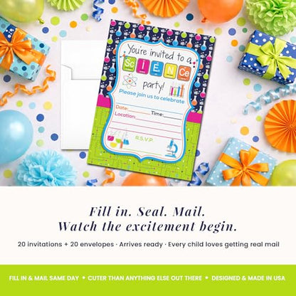 Mad Science Theme Kids Birthday Party 20 Invitations 5x7 Fill-In Cards with Envelopes, Experiment Fun Educational Lab Design for Children Celebration, Made in USA by Amanda Creation - style: Science