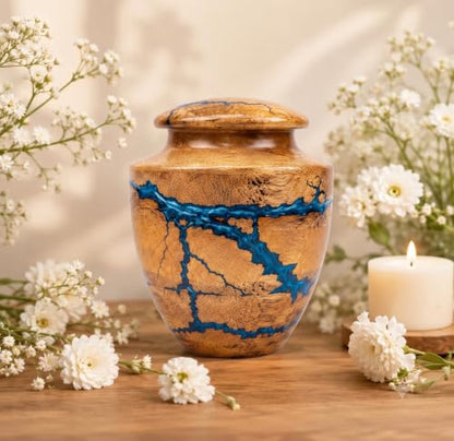 Wooden Handcrafted Urn (Small Keepsake (20 lbs)) in Capacity. Decorative urn for Ashes Blue Raising Urn for Man and Women Burial and Funeral Urn Handcrafted Unique Fractal Burning Design - size: Small keepsake (20 lbs)