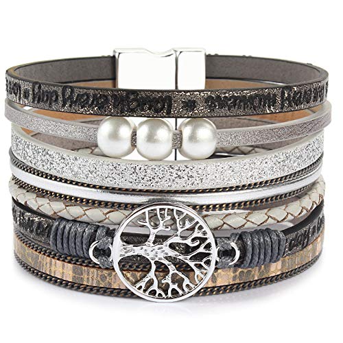 Tree of Life Inspirational Leather Wrap Bracelets Boho Western Cowgirl Cuff - color: Gray