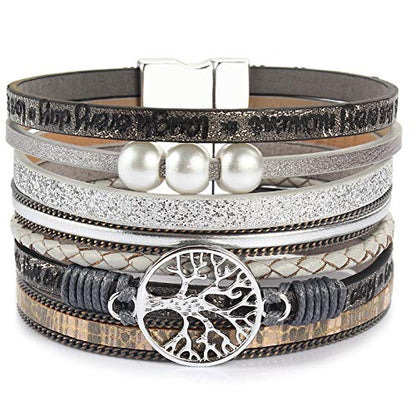 Tree of Life Inspirational Leather Wrap Bracelets Boho Western Cowgirl Cuff - color: Gray