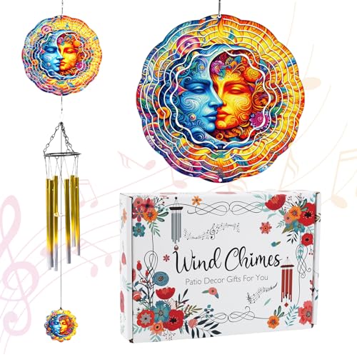 Celestial Sun Moon Wind Chime, Hanging Wind Spinner Gift for Women Mom, Stainless Steel Outdoor Garden Patio Porch Décor - color: Sun Moon Celestial