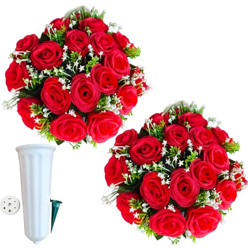 Set of 2 Cemetery Flowers for Grave, Red Silk Artificial Rose Memorial Arrangements for Headstones, Graveside Grave Vase Decorations, Outdoor UV Resistant Funeral Sympathy Flowers (red) - color: Red