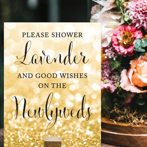 Andaz Press Wedding Party Signs, Glitzy Gold Glitter, 8.5x11-inch, Please Shower Lavender and Good Wishes on the Newlyweds, 1-Pack, Lavender Ceremony Exit Toss Sign - color: Activities Lavender