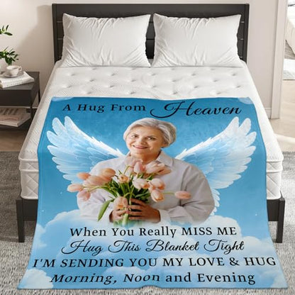 Custom Sympathy Blanket with Photo - Personalized Memorial Blanket for Departed Loss of Loved One in Loving Memory Bereavement Grief Gifts for Dad Mom Husband Wife Friend Women Men (Cloud and Wing)