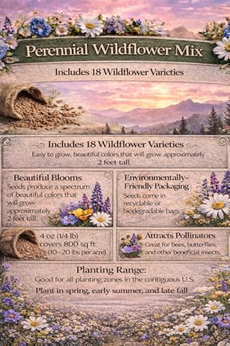 All US Zones All Perennial Wildflower Seed Mix 1/4 Pound Covers 500 sqft Non-GMO Includes Drought Tolerant Species