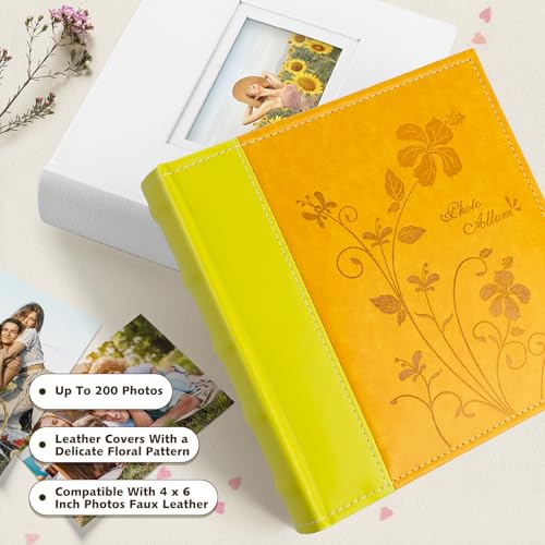Photo Album Hold 200 4x6 Photos with Memo Writing Space (Orange&Yellow) | Faux Leather Picture Book Fits 4x6 Photo, 200 Pockets Great for Wedding Family Holidays - color: Orange & Light Yellow