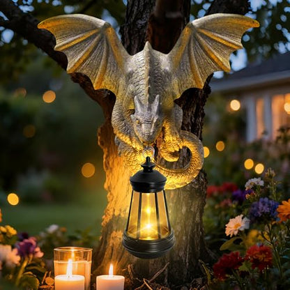 Solar Dragon Tree Hugger Garden Statue, Wall Hanger Dragon Figurine Decor | 9.8in Resin Dragon Decor with Solar Lights, Outdoor Waterproof for Tree Wall Fence Porch Yard, Gifts for Mom Women Birthday - style: 1 Pack - Dragon with Lantern