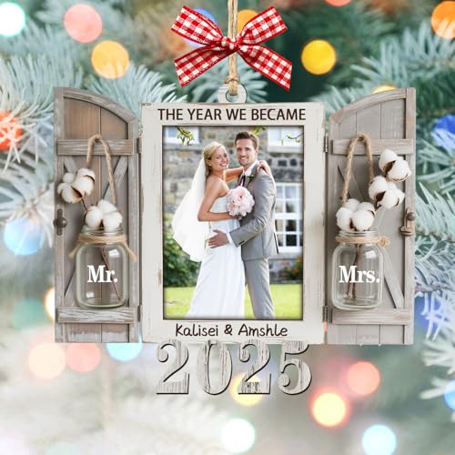 Personalized The Year We Became Mr and Mrs 2025 Ornament Custom Name Photo Picture Frame Mr and Mrs Wood Hanging Ornament Engagement Wedding Bridal Shower Gifts for Newlywed Couple Bride and Groom - color: Wedding Photo Christmas Ornament - 2