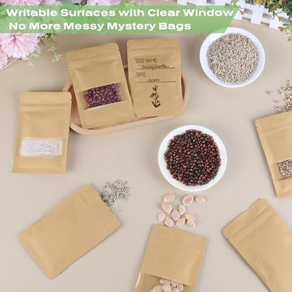 150 Seed Envelopes 2 Sizes, Resealable w/Window Self-sealing | 90S + 60L Kraft Envelopes. Clear window, Dustproof & Reusable, Tear-resistant, for Seeds, Jewelry, Herbs - size: Small + Medium (2.8 x 3.5" + 3.5 x 5.4")