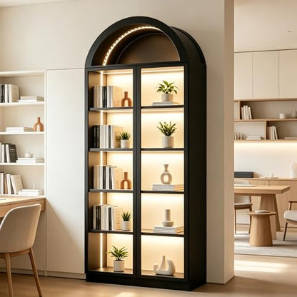 Wildhome Wooden Curio Cabinet with Acrylic Glass Door,77" Tall Arch Display Cabinet & Perfume Organizer with LED Light,Showcase for Collections,Perfume,Vinyl Albums,Bookcase - color: Black
