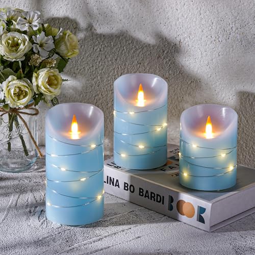 Rechargeable LED Candles, Real Wax, 4 5 6 in, Sky Blue, 3 Pack | USB Rechargeable Real Wax Candles with Remote, Timer and Star Lights - color: Blue